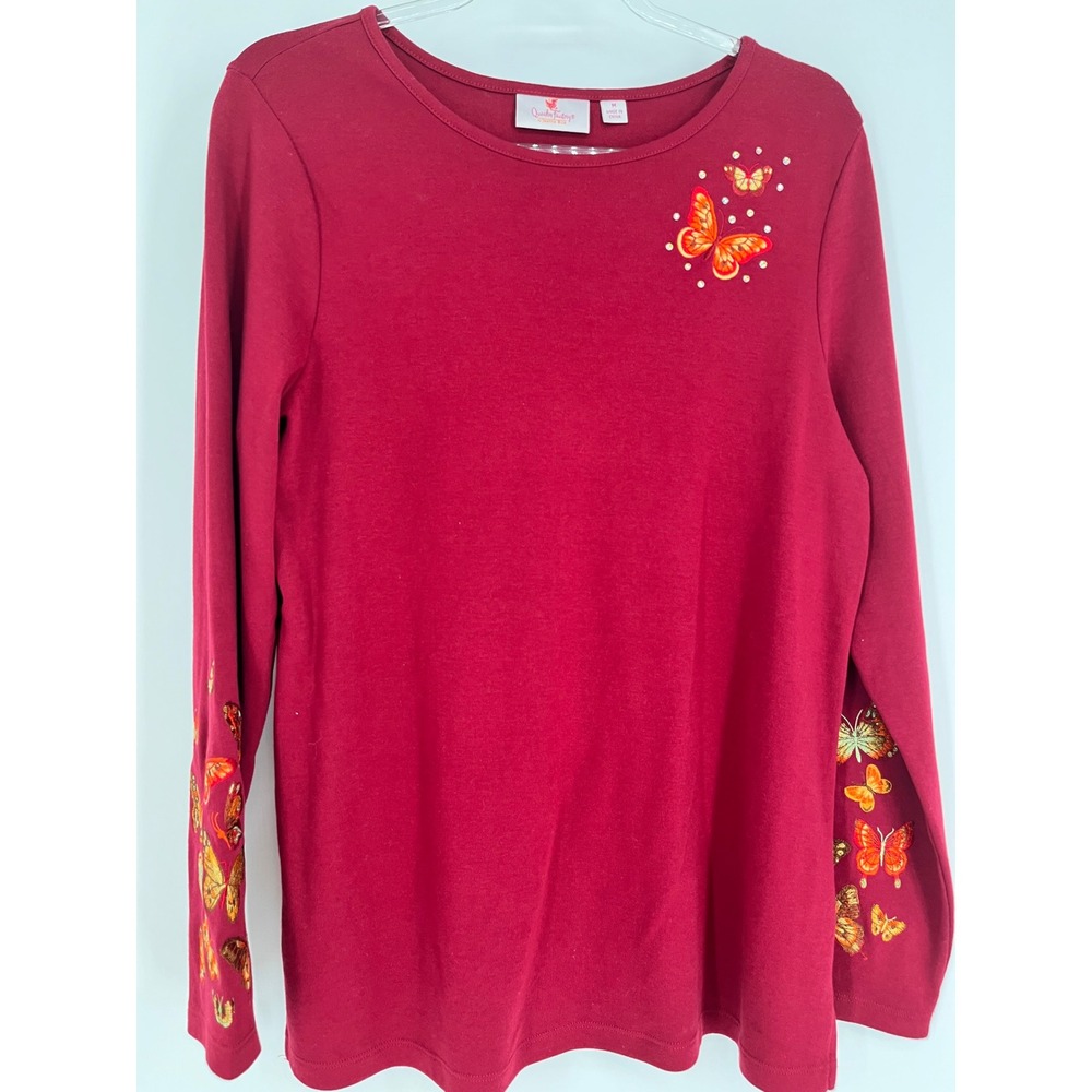 QUACKER FACTORY Top Women M Red Butterfly Embroidery Rhinestone Long Sleeve